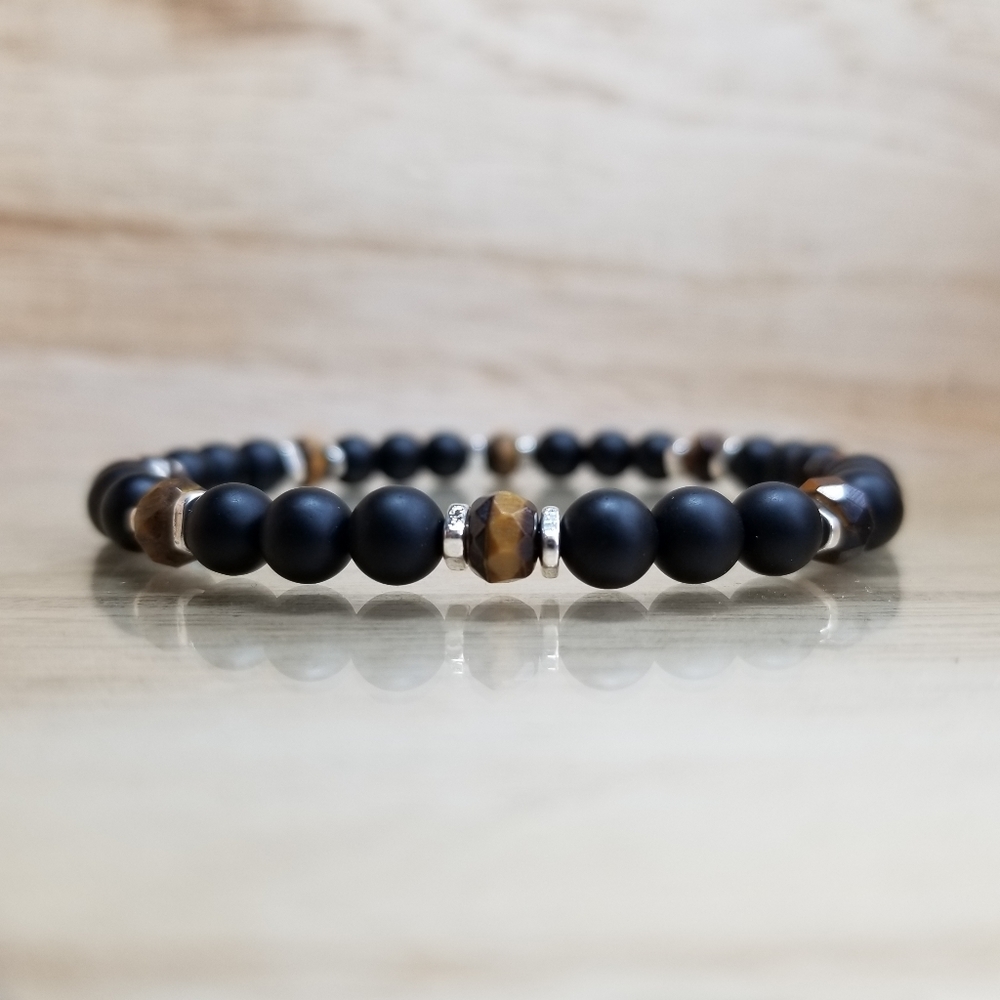 Tiger Eye & Black Onyx Beaded Gemstone Bracelet